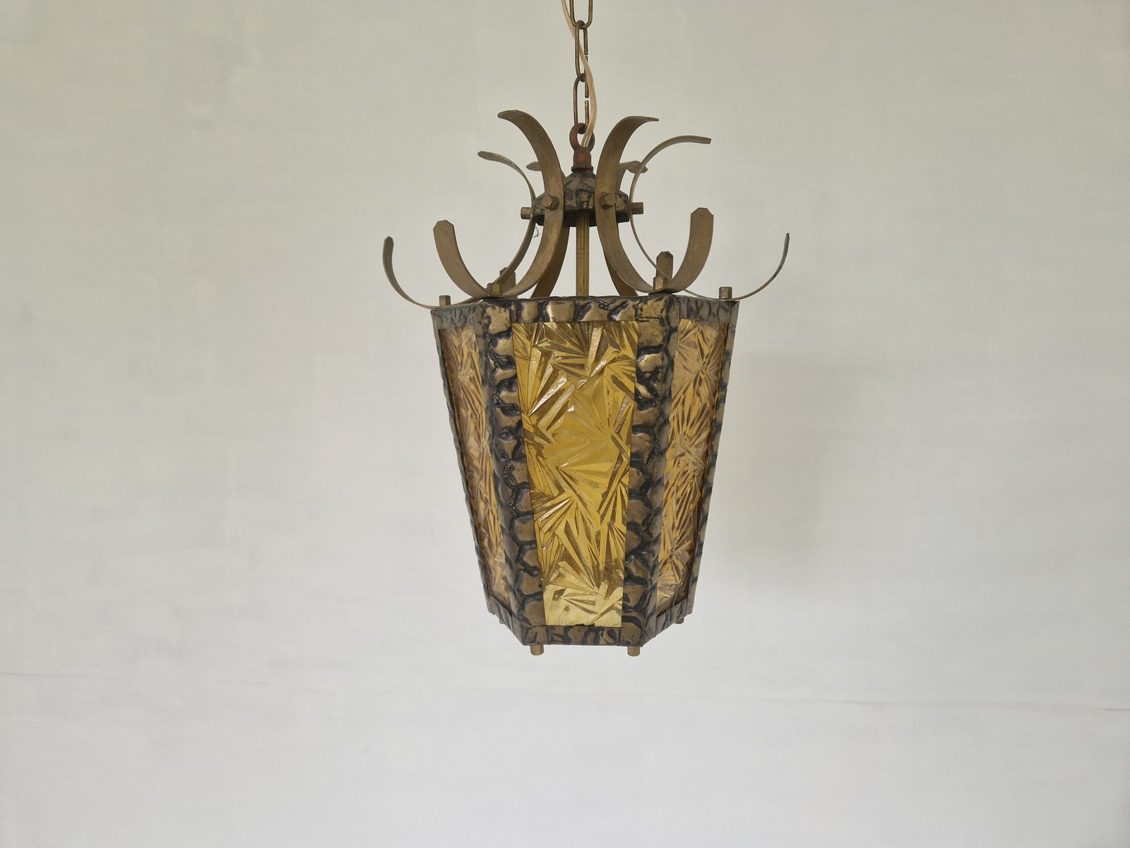 Brutalist Hammered Metal Hall Lantern with Geometrical Patterned Glass