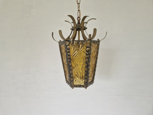 Brutalist Hammered Metal Hall Lantern with Geometrical Patterned Glass