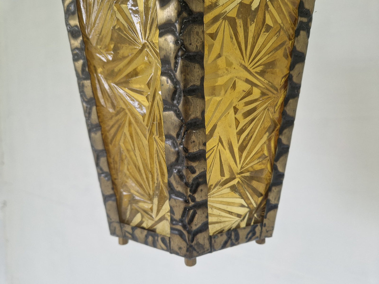 Brutalist Hammered Metal Hall Lantern with Geometrical Patterned Glass