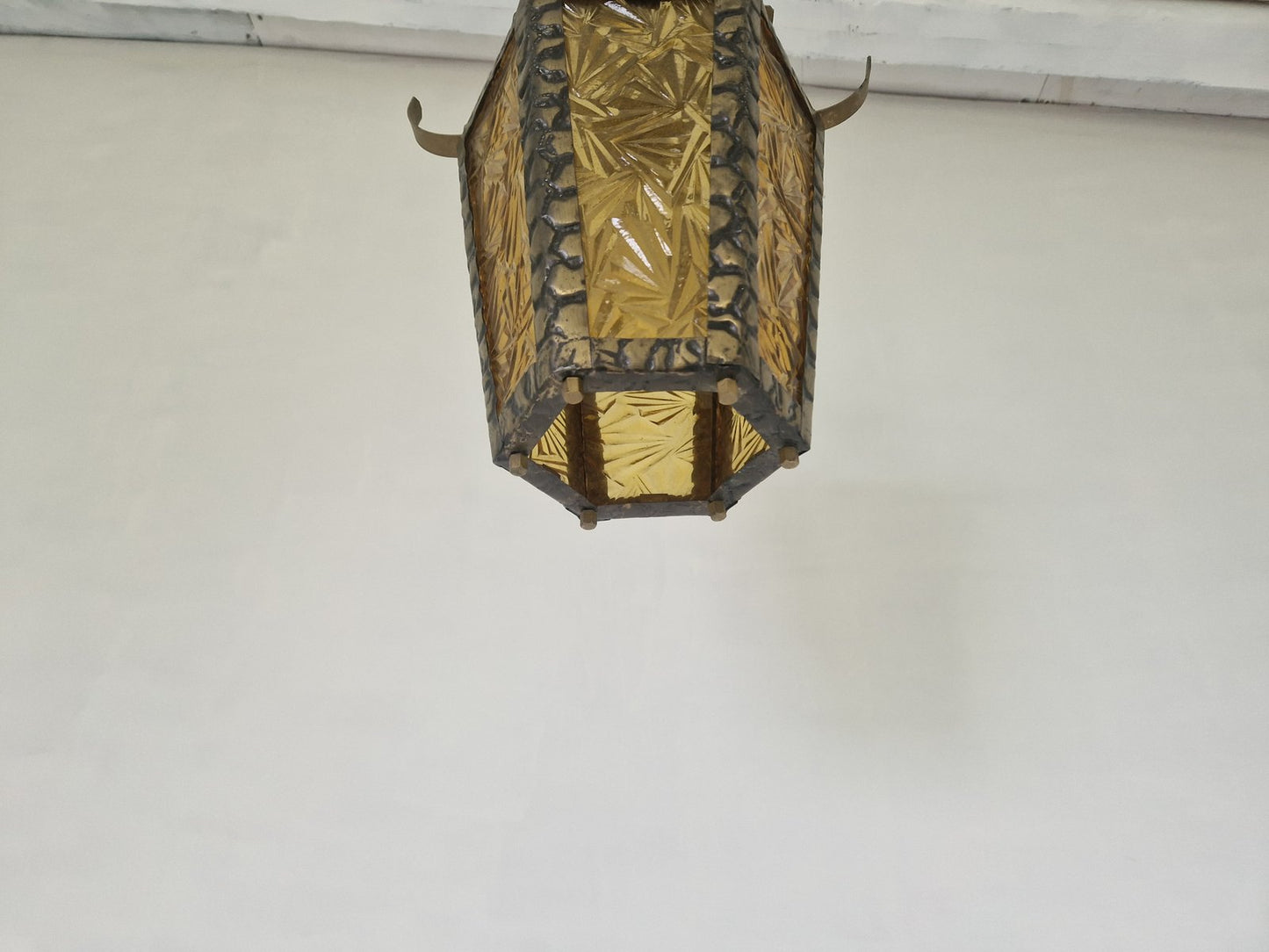 Brutalist Hammered Metal Hall Lantern with Geometrical Patterned Glass