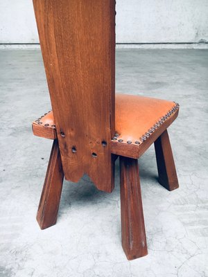 Brutalist High Back Low Stool in Oak and Skai, 1960s-RQV-2033210