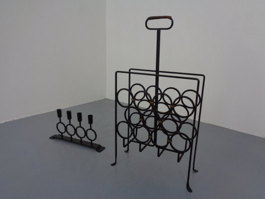 Brutalist Iron Magazine Rack and Candleholder, 1960s, Set of 2-RDW-1357515