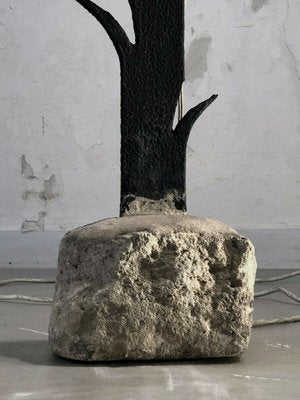 Brutalist Iron & Stone Floor Lamp Sculpture, France, 1970s-NLF-1718075