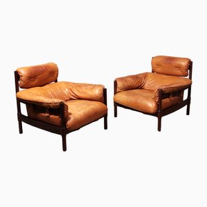 Brutalist Leather Chairs with Wooden Base, 1970s, Set of 2-EZZ-2041833