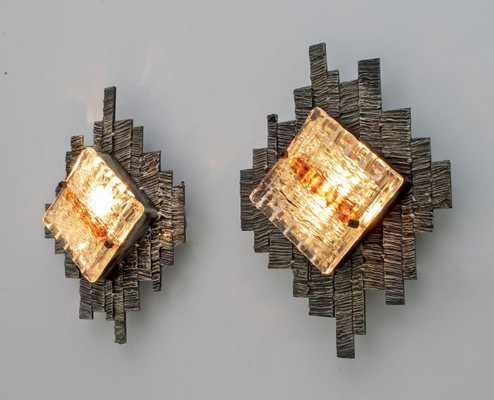 Brutalist Metal and Murano Glass Sconces by Albano Poli for Poliarte, 1970s, Set of 2-FER-700421