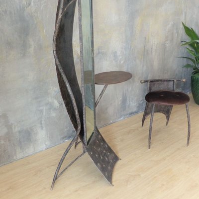 Brutalist Metal Mirror with Side Chair-WK-767956