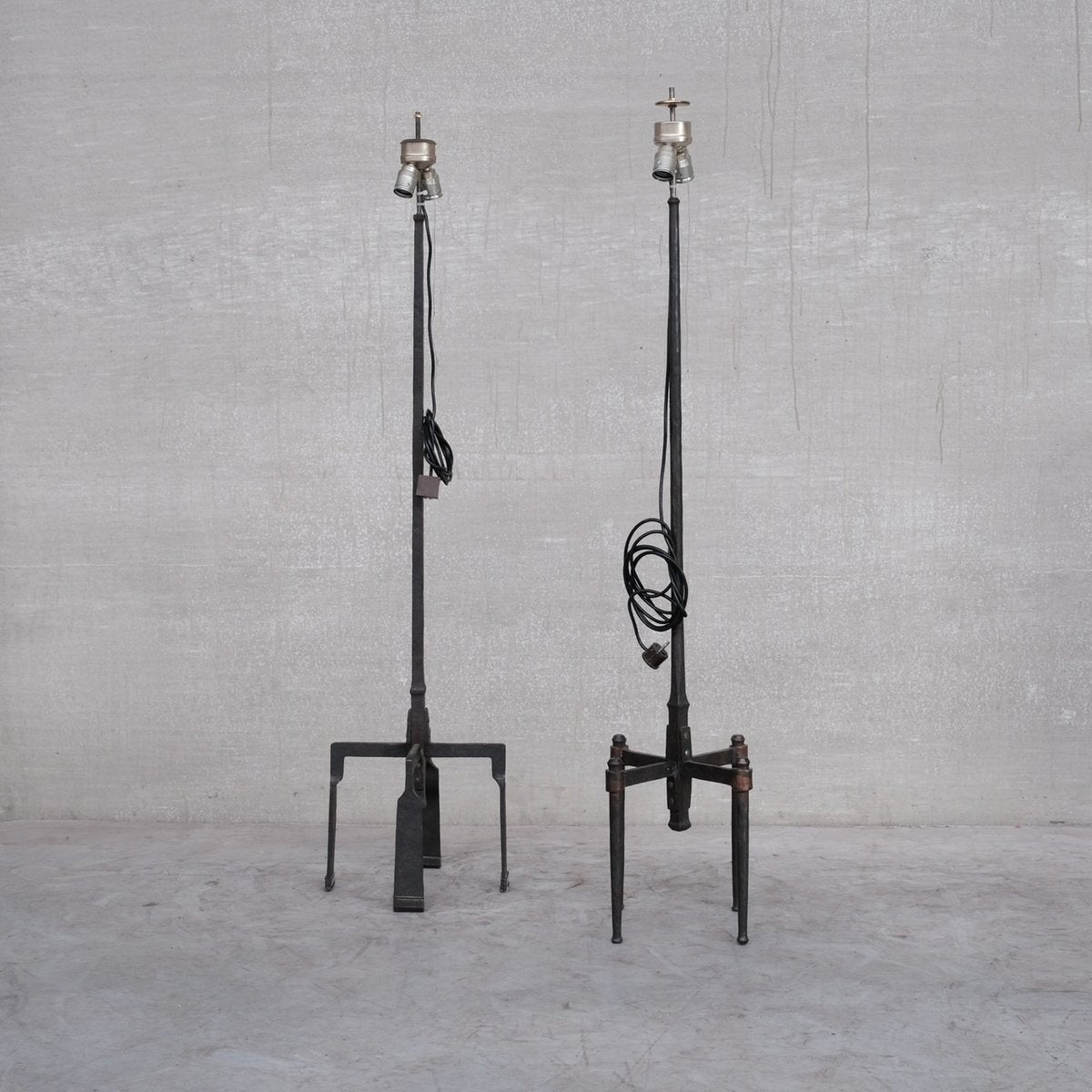 Brutalist Mid-Century Iron Floor and Table Lamp, Set of 4