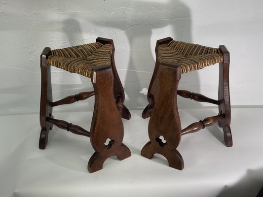 Brutalist Neo Gothic Rush Oak Tripod Stools, France, 1960s, Set of 2-BHG-1397078