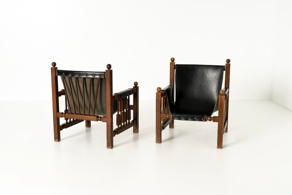 Brutalist Oak and Faux Leather Chairs in the Style of Charles Dudouyt, 1950s, Set of 2-UQV-1424500