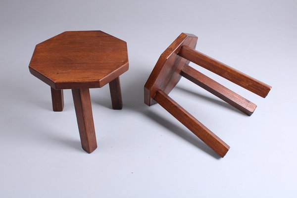 Brutalist Oak Hexagonal Side Tables in the style of Charlotte Perriand, 1950s, Set of 2-XT-2038109