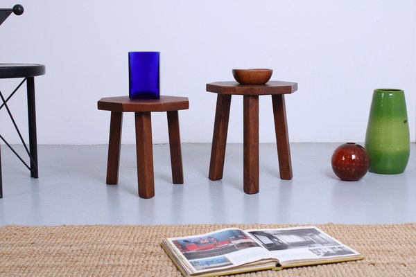 Brutalist Oak Hexagonal Side Tables in the style of Charlotte Perriand, 1950s, Set of 2-XT-2038109