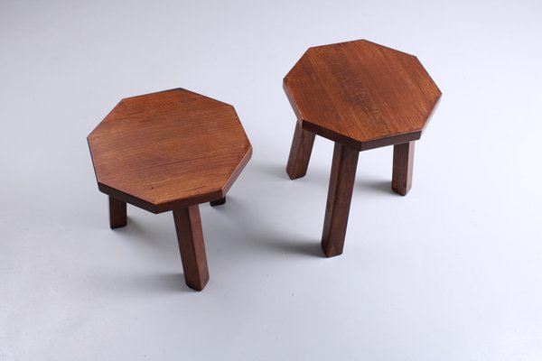 Brutalist Oak Hexagonal Side Tables in the style of Charlotte Perriand, 1950s, Set of 2-XT-2038109