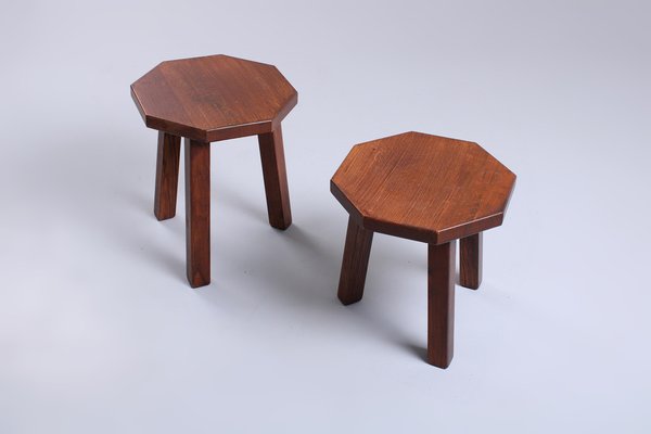 Brutalist Oak Hexagonal Side Tables in the style of Charlotte Perriand, 1950s, Set of 2-XT-2038109