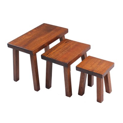 Brutalist Oak Side Tables in the Style of Charlotte Perriand, 1950s, Set of 3-XT-1357962