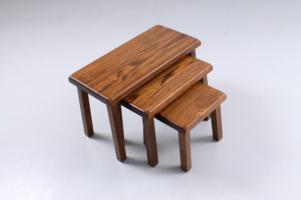 Brutalist Oak Side Tables in the Style of Charlotte Perriand, 1950s, Set of 3-XT-1357957