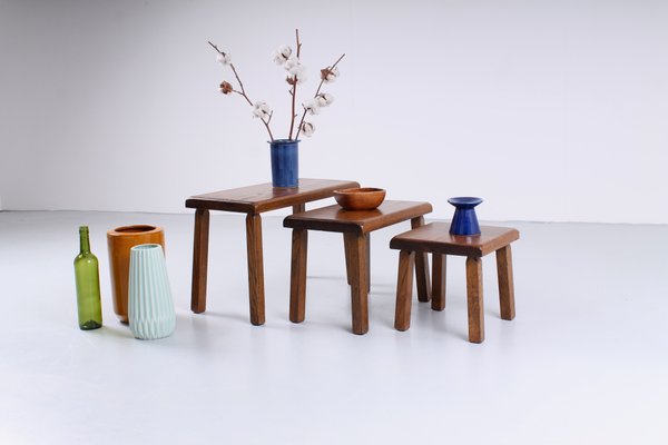 Brutalist Oak Side Tables in the Style of Charlotte Perriand, 1950s, Set of 3-XT-1357957