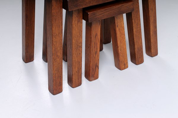 Brutalist Oak Side Tables in the Style of Charlotte Perriand, 1950s, Set of 3-XT-1357962