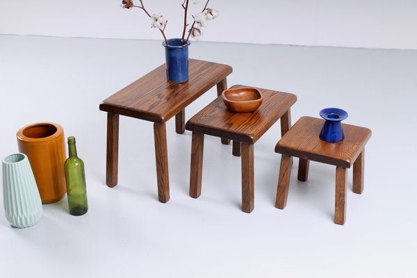 Brutalist Oak Side Tables in the Style of Charlotte Perriand, 1950s, Set of 3-XT-1357957