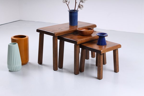 Brutalist Oak Side Tables in the Style of Charlotte Perriand, 1950s, Set of 3-XT-1357957