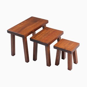 Brutalist Oak Side Tables in the Style of Charlotte Perriand, 1950s, Set of 3-XT-1357962