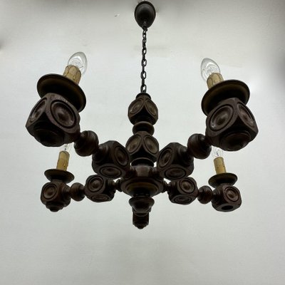 Brutalist Oak Wood Chandelier, 1970s-BGP-1818856