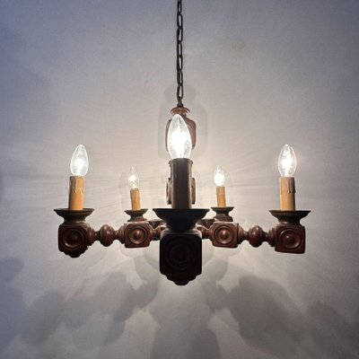 Brutalist Oak Wood Chandelier, 1970s-BGP-1818856