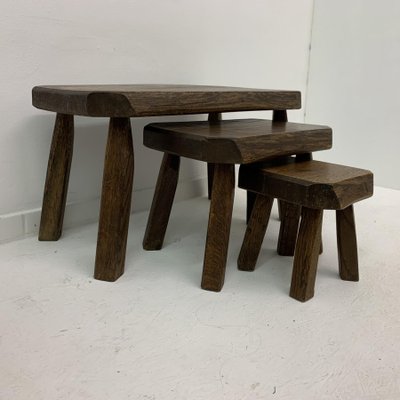 Brutalist Oak Wood Nesting Tables, 1970s, Set of 3-BGP-1082046