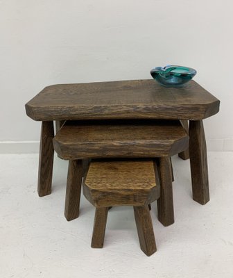 Brutalist Oak Wood Nesting Tables, 1970s, Set of 3-BGP-1082046