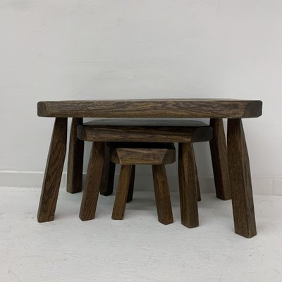 Brutalist Oak Wood Nesting Tables, 1970s, Set of 3-BGP-1082046