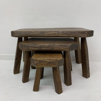 Brutalist Oak Wood Nesting Tables, 1970s, Set of 3-BGP-1082046