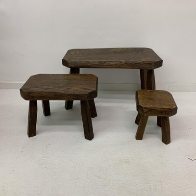 Brutalist Oak Wood Nesting Tables, 1970s, Set of 3-BGP-1082046