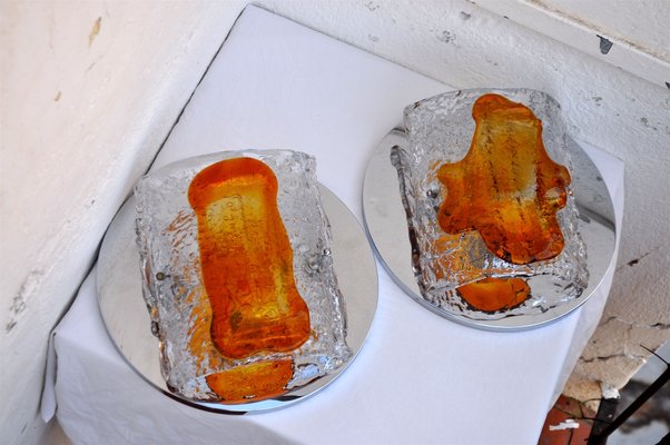 Brutalist Orange Murano Glass Sconces by Paolo Venini for S.A.L.I.R. Murano, 1970s, Set of 2-EJE-389445