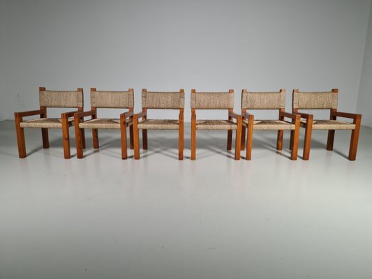 Brutalist Pine Wood Dining Chairs, France, 1960s, Set of 6-UJI-1170580