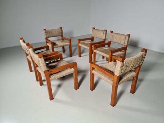 Brutalist Pine Wood Dining Chairs, France, 1960s, Set of 6-UJI-1170580