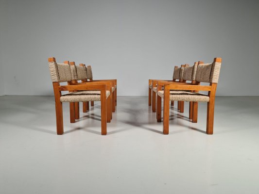 Brutalist Pine Wood Dining Chairs, France, 1960s, Set of 6-UJI-1170580