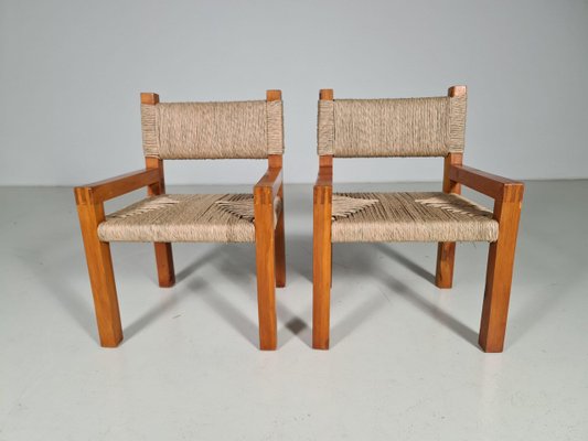 Brutalist Pine Wood Dining Chairs, France, 1960s, Set of 6-UJI-1170580