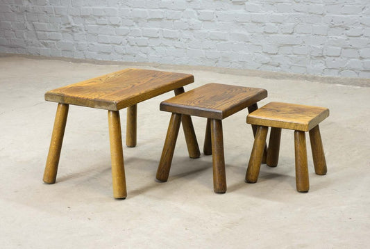 Brutalist Rectangle Oak Nesting Tables / Stools in the style of Charlotte Perriand, 1950s, Set of 3