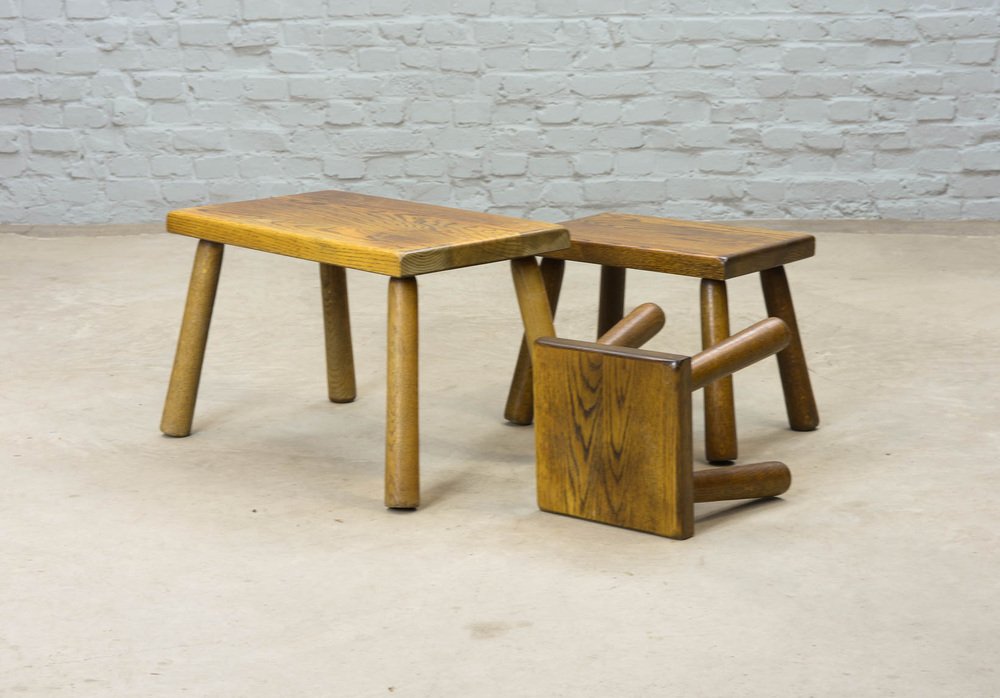 Brutalist Rectangle Oak Nesting Tables / Stools in the style of Charlotte Perriand, 1950s, Set of 3