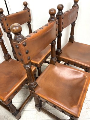 Brutalist Saddle Leather Dining Chair, 1970s, Set of 4-WZZ-1408782