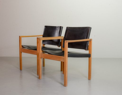 Brutalist Scandinavian Solid Oak and Black Leather Dining Chairs, 1960s, Set of 2-IXC-714266