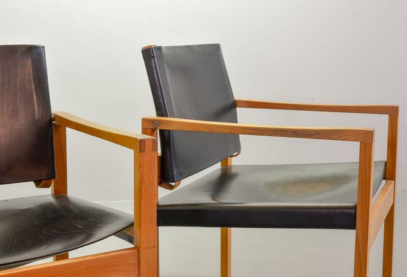 Brutalist Scandinavian Solid Oak and Black Leather Dining Chairs, 1960s, Set of 2-IXC-714266