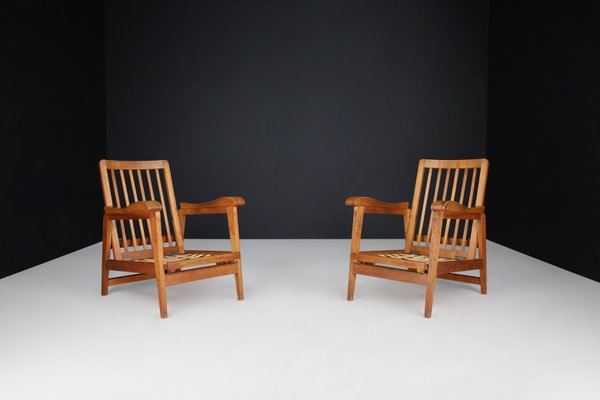 Brutalist Sculptural Adjustable Lounge Chairs in Oak, France, 1950s, Set of 2-TRW-1797134