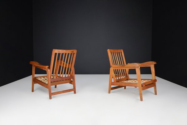 Brutalist Sculptural Adjustable Lounge Chairs in Oak, France, 1950s, Set of 2-TRW-1797134