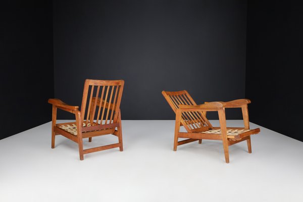 Brutalist Sculptural Adjustable Lounge Chairs in Oak, France, 1950s, Set of 2-TRW-1797134