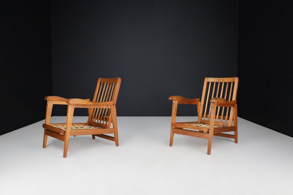 Brutalist Sculptural Adjustable Lounge Chairs in Oak, France, 1950s, Set of 2-TRW-1797134