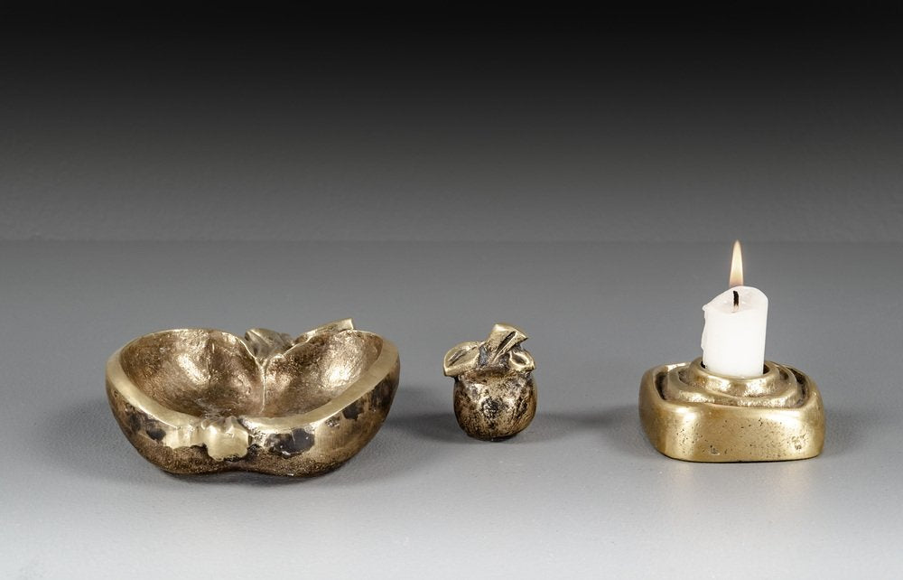 Brutalist Sculptural Candleholder by Giuseppe Gallo with Apple and Bowl by Beatrice Sponagel-Steinlin, 1960s, Set of 3