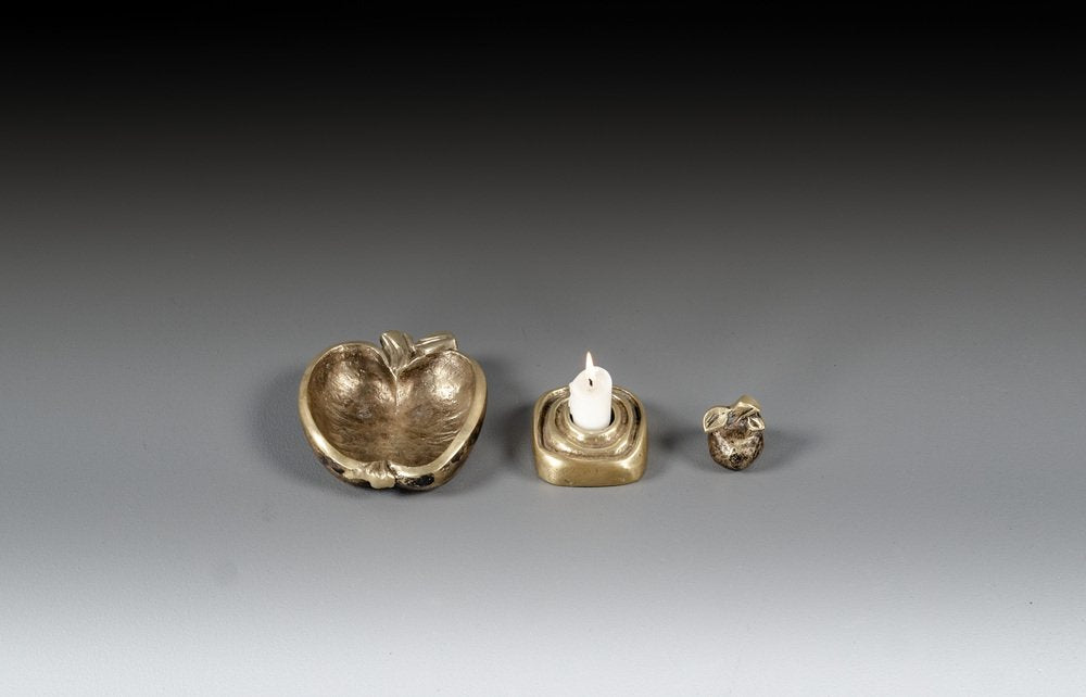 Brutalist Sculptural Candleholder by Giuseppe Gallo with Apple and Bowl by Beatrice Sponagel-Steinlin, 1960s, Set of 3