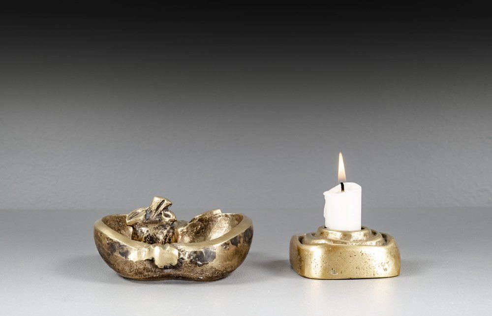 Brutalist Sculptural Candleholder by Giuseppe Gallo with Apple and Bowl by Beatrice Sponagel-Steinlin, 1960s, Set of 3