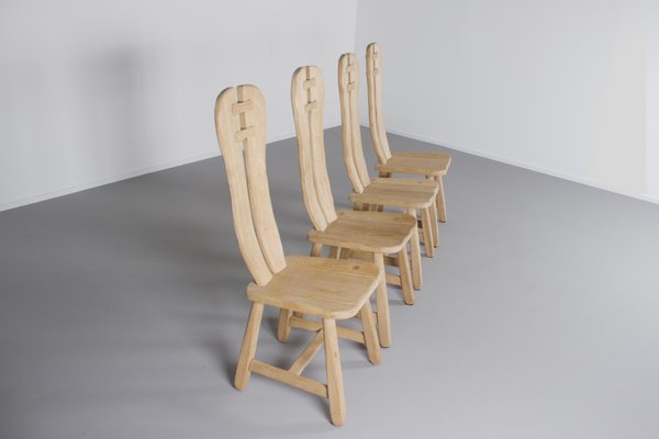 Brutalist Solid Oak Chairs from De Puyt, Belgium, 1970s, Set of 4-QT-1263296