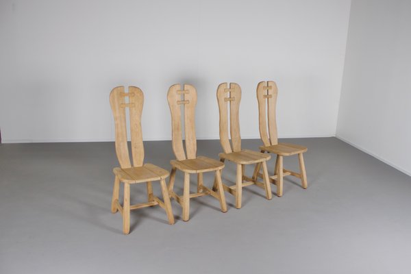 Brutalist Solid Oak Chairs from De Puyt, Belgium, 1970s, Set of 4-QT-1263296